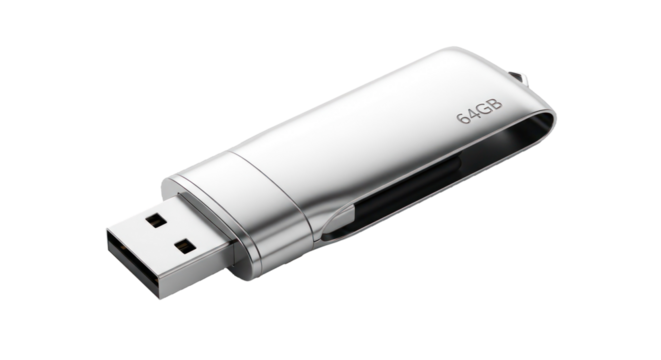 A sleek, silver USB drive with a 64GB capacity, featuring a sleek, metallic design with a polished finish.