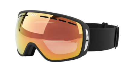 A pair of black and white ski goggles with orange lenses, featuring a strap and a strap buckle.