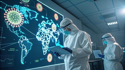 Healthcare Workers Analyzing Holographic Data in Futuristic PPE