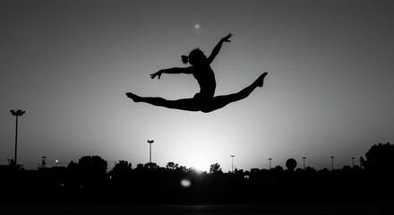 Gymnast silhouette leaping against sunset sky performing athletic movement conceptual imagery