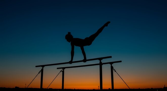 Gymnast silhouette on parallel bars against sunset sky