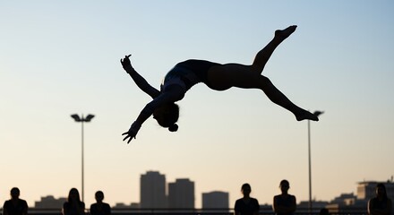 Silhouette of a diver performing an aerial flip against a clear sky during the day