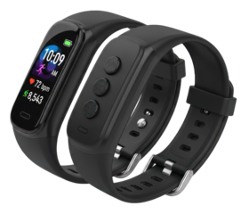 Two black fitness trackers with a black strap and a white background.