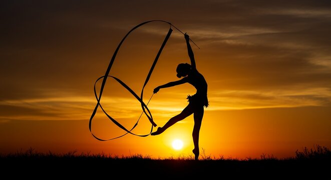 Silhouette of a gymnast performing ribbon dance against an orange sunset sky - Powered by Adobe