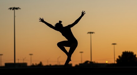 Silhouette of a person dancing with arms raised against a sunset sky