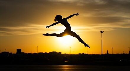 Silhouette of a person jumping in the air against a vibrant sunset sky
