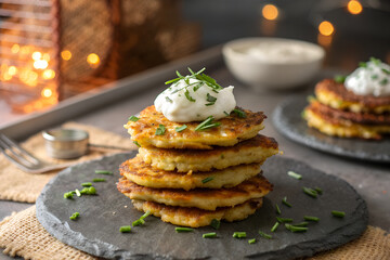 Stack of crispy golden potato latkes served with sour cream and chopped chives. Traditional Jewish Hanukkah dish, cozy winter comfort food with warm festive lighting.