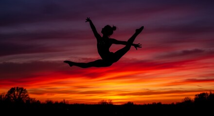 Silhouette of a person performing a dance leap against a vibrant sunset sky