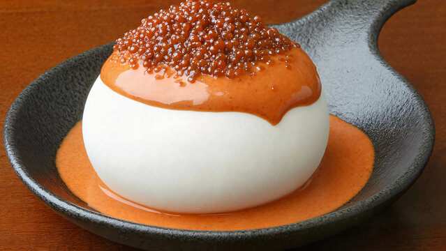 Chef's compliment dessert featuring a creamy sphere topped with caramel and crunchy beads, food blogs, social media campaigns, premium hospitality visuals, cocktail parties advertising, 