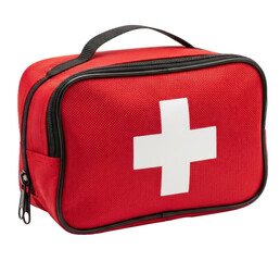 A red first aid kit with a white cross on a white background.