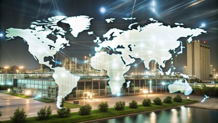 Illuminated Battery Storage Plant with Global Network Overlay at Night