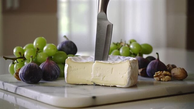 Delicious brie cheese, knife, fresh grapes and nuts on a board