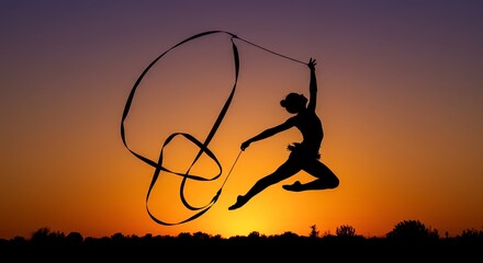 Silhouette of gymnast with ribbon against a sunset sky