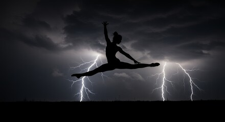 Silhouette of jumping figure against dramatic lightning storm