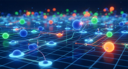 Obraz premium Abstract glowing data network connecting spheres on a grid
