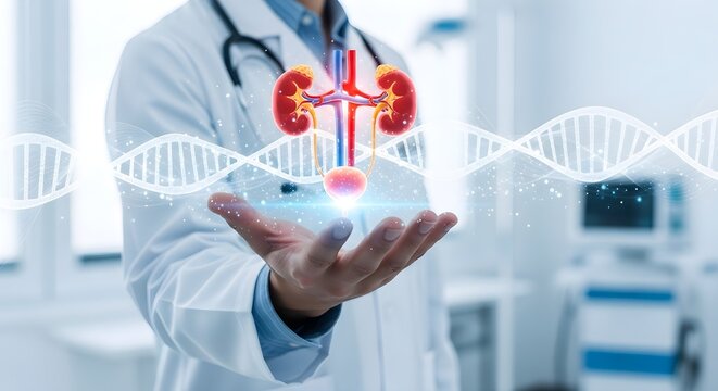 A medical professional is holding a 3D model of the human urinary system, with DNA strands in the background, symbolizing medical advancements.