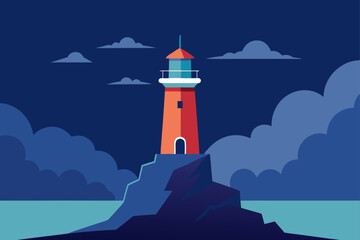 Illustration of a lighthouse on a cliff at nighttime