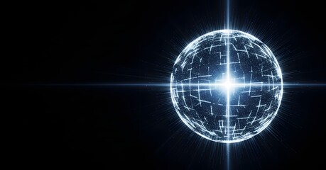 Naklejka premium Bright white glowing sphere with line grids and particle burst against a black background. Global network and powerful data security. Visualization of a technological power core or planet system