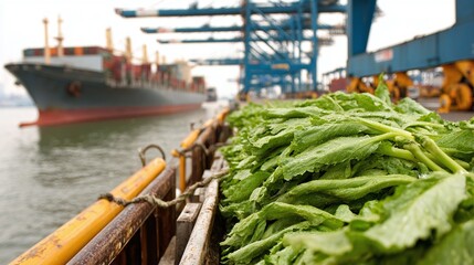 Fresh Produce at the Harbor: A vibrant display of locally sourced vegetables near a bustling port, highlighting the connection between agriculture and global trade.