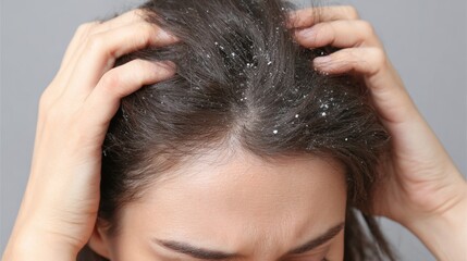 Obraz premium A woman with brown hair has a lot of dandruff on her head. She is looking at the camera with a concerned expression