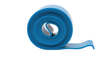 A blue and white rolled-up yoga mat on a white background.