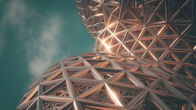 Stunning geometric spheres with golden light create a modern, futuristic design, perfect for technology, innovation, or architectural concepts