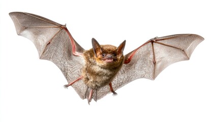 Obraz premium A bat in flight, centered against a white background. The bat's wings are outstretched, showcasing its leathery texture. Its body is a light brown, and its face shows a reddish-brown muzzle