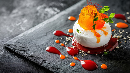 artistic amuse-bouche, featuring molecular gastronomy with creamy textures and vibrant sauces,  food blogs, social media campaigns, premium hospitality visuals, cocktail parties advertising, 