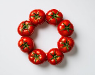 Red tomatoes arranged in a circle on a white background
