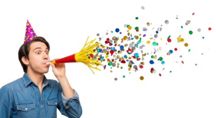 A man in a party hat blowing a party horn with confetti flying out.