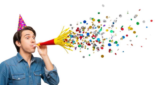 A man in a party hat blowing a party horn with confetti flying out.