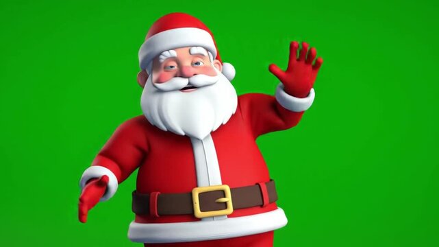 Dancing Santa Claus 3D Animation on Green Screen Cheerful 3D Santa Claus dancing and waving joyfully on a green screen, suitable for Christmas videos or motion graphics.