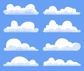 Set of simple cartoon cloud icons. A collection of fluffy white clouds in a flat design style, isolated vector graphics for weather apps or website design.