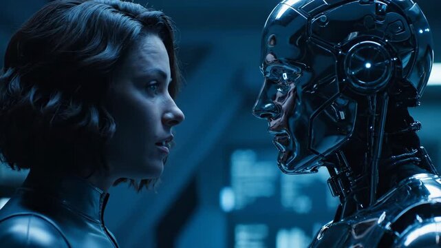 Human and Android Face to Face in Futuristic Encounter - A woman and a metallic android face each other closely in a futuristic, blue-lit environment.