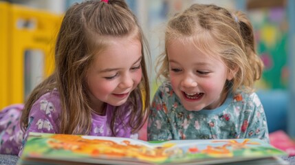 Fototapeta premium Two young girls are reading a book together. They are both smiling and seem to be enjoying the story