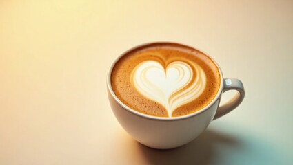 White coffee cup with heart latte art on light background