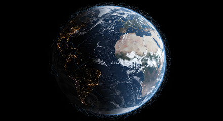 Fototapeta premium A nighttime view of Earth, showcasing illuminated continents against the dark space.