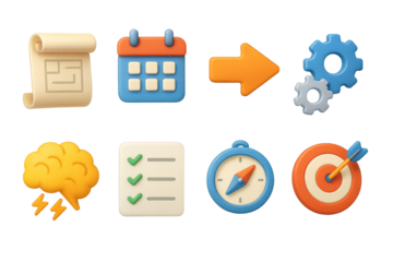 Collection of colorful icons representing planning, organization, and achievement