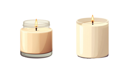 Lit scented candle and wax candle isolated on transparent background
