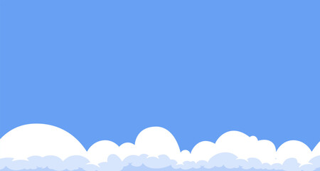 Simple sky background with a fluffy cloud border. A cartoon vector template with a blue sky and white clouds at the bottom, creating a clean backdrop for web banners.