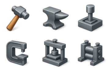 Set of industrial tools: hammer, anvil, press, c-clamp, bench vice, rolling mill icons