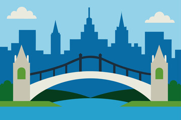 Illustration of a bridge over water with city skyline