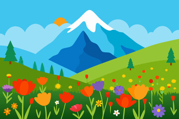 Fototapeta premium Mountain landscape with flowers and trees in spring