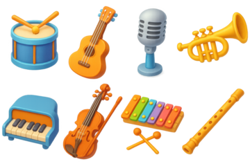 Colorful musical instruments set featuring drum, guitar, microphone, and trumpet