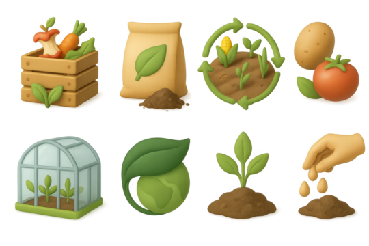 Eco-friendly farming icons: vegetables, seedlings, and greenhouse symbolism - Powered by Adobe