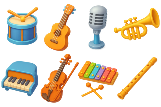 Colorful musical instruments set featuring drum, guitar, microphone, and trumpet