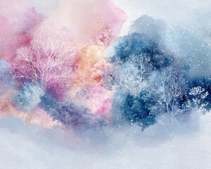 Dreamy Watercolor Forest with Vibrant Blue and Pink Hues