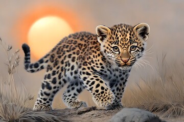 Fototapeta premium Playful leopard cub at sunset african savanna wildlife photography natural habitat close-up animal behavior