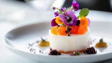 exquisite dessert, artistic, showcasing haute cuisine with colorful edible flowers and fruit , food blogs, social media campaigns, premium hospitality visuals, cocktail parties advertising, 