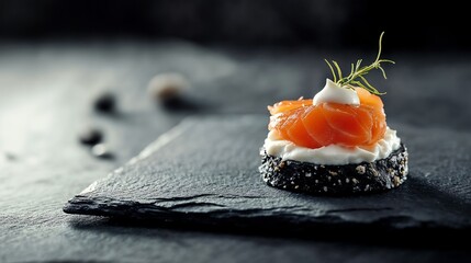 Gourmet food, elegant presentation, tasting dish, on dark stone, salmon canape, restaurant menus, gourmet magazines, luxury restaurant branding, culinary event posters, chef portfolio visuals,